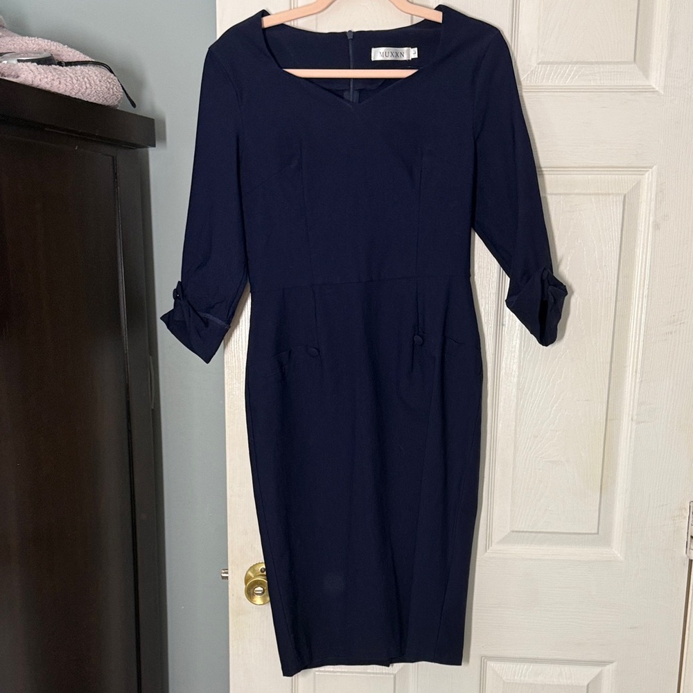 Ava & Viv Navy Midi Sheath Dress with Three-Quarter Sleeves and Bow Cuffs